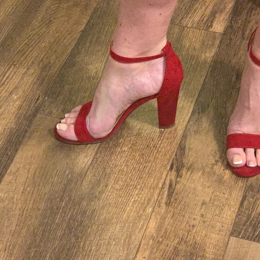 Red suede block heels